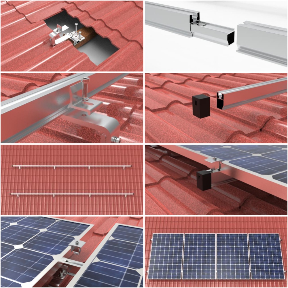 R121 Tile Roof Solar Mounting Installation Guide Installation des R121-Ziegeldach-Solarmontagesystems mit Dachhaken, Schienen und Klemmen