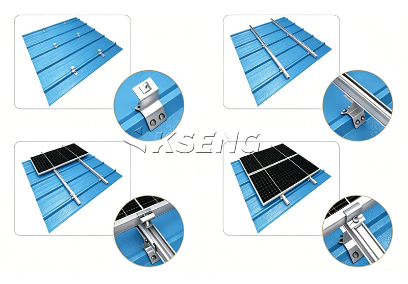 Installationsschrittdiagramm der Kseng-Bohrer-Typ-Trapez-Metalldach-Solarklemme, Montageprozess des verschraubten PV-Montagesystems mit AL6005-T5-Befestigung und SUS304-Hardware